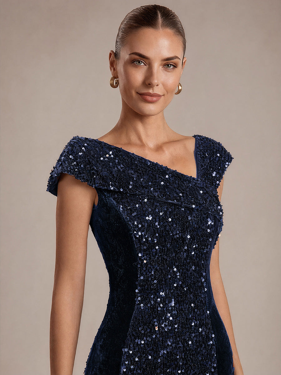 Sequin Velvet Cap Sleeve Evening Dress #color_Navy Blue