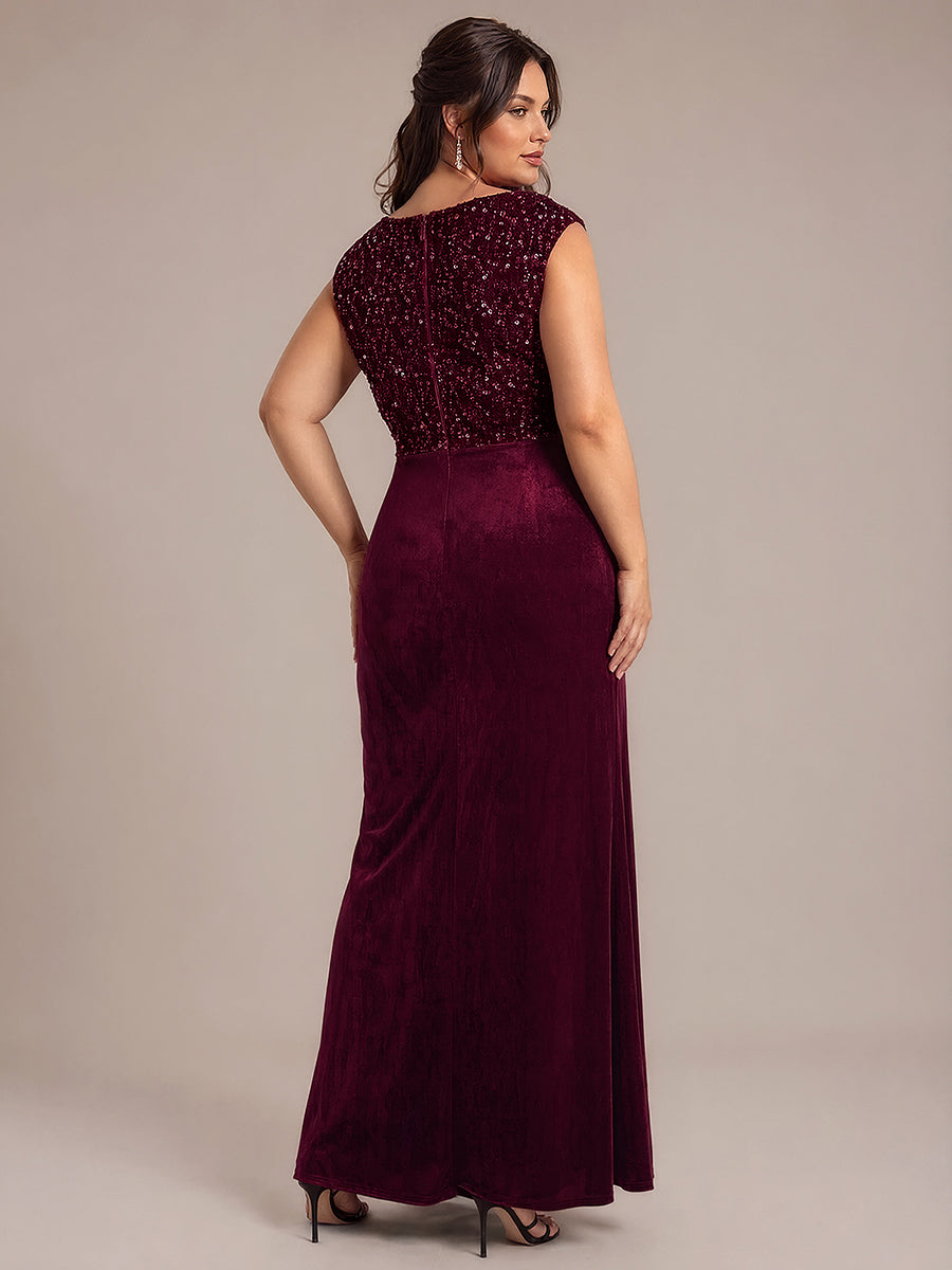 Plus Size V-Neck Sequin Velvet Evening Dress #color_Burgundy