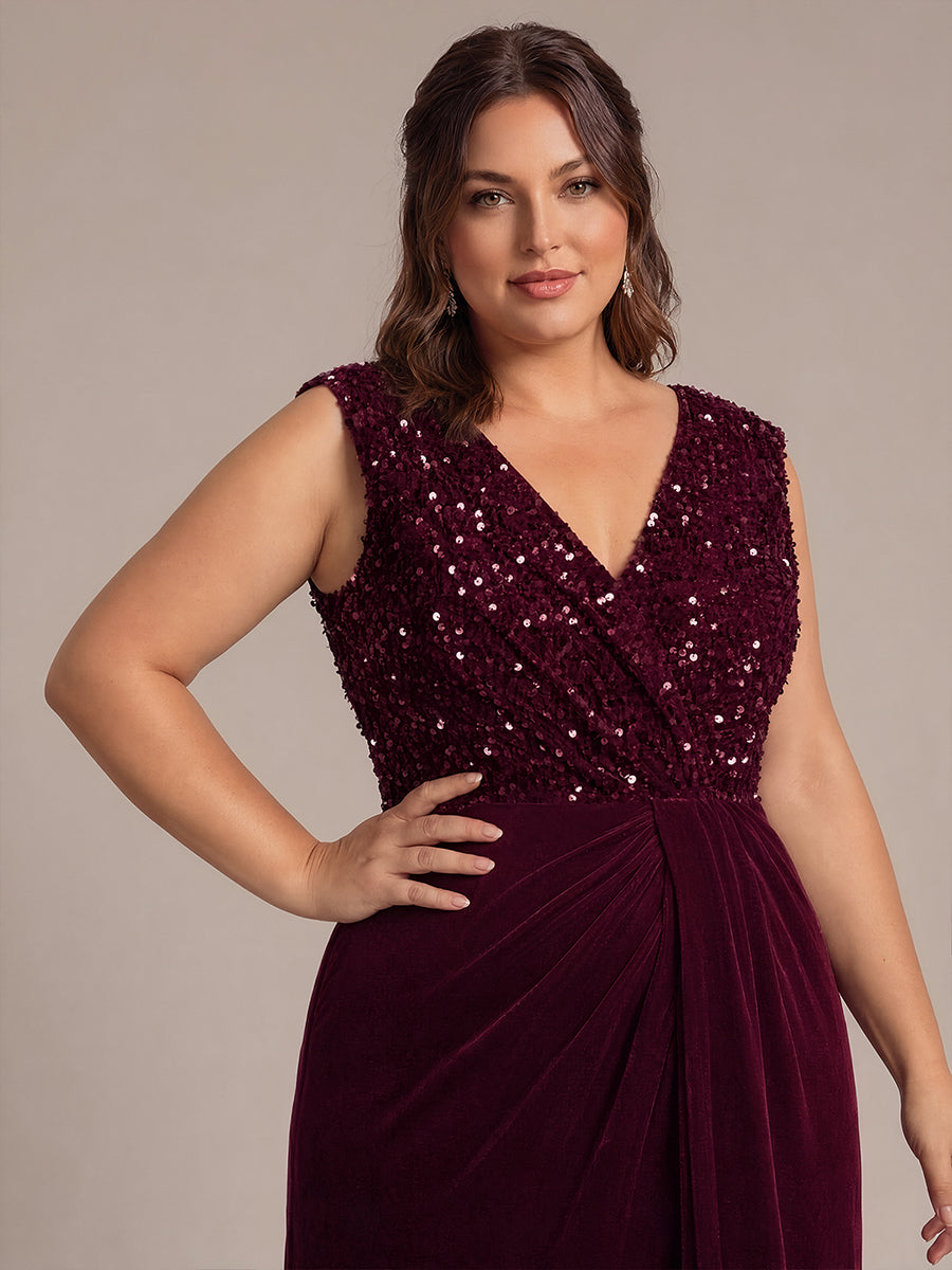 Plus Size V-Neck Sequin Velvet Evening Dress #color_Burgundy
