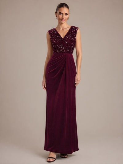 Sequin Velvet V-Neck Sleeveless Evening Dress