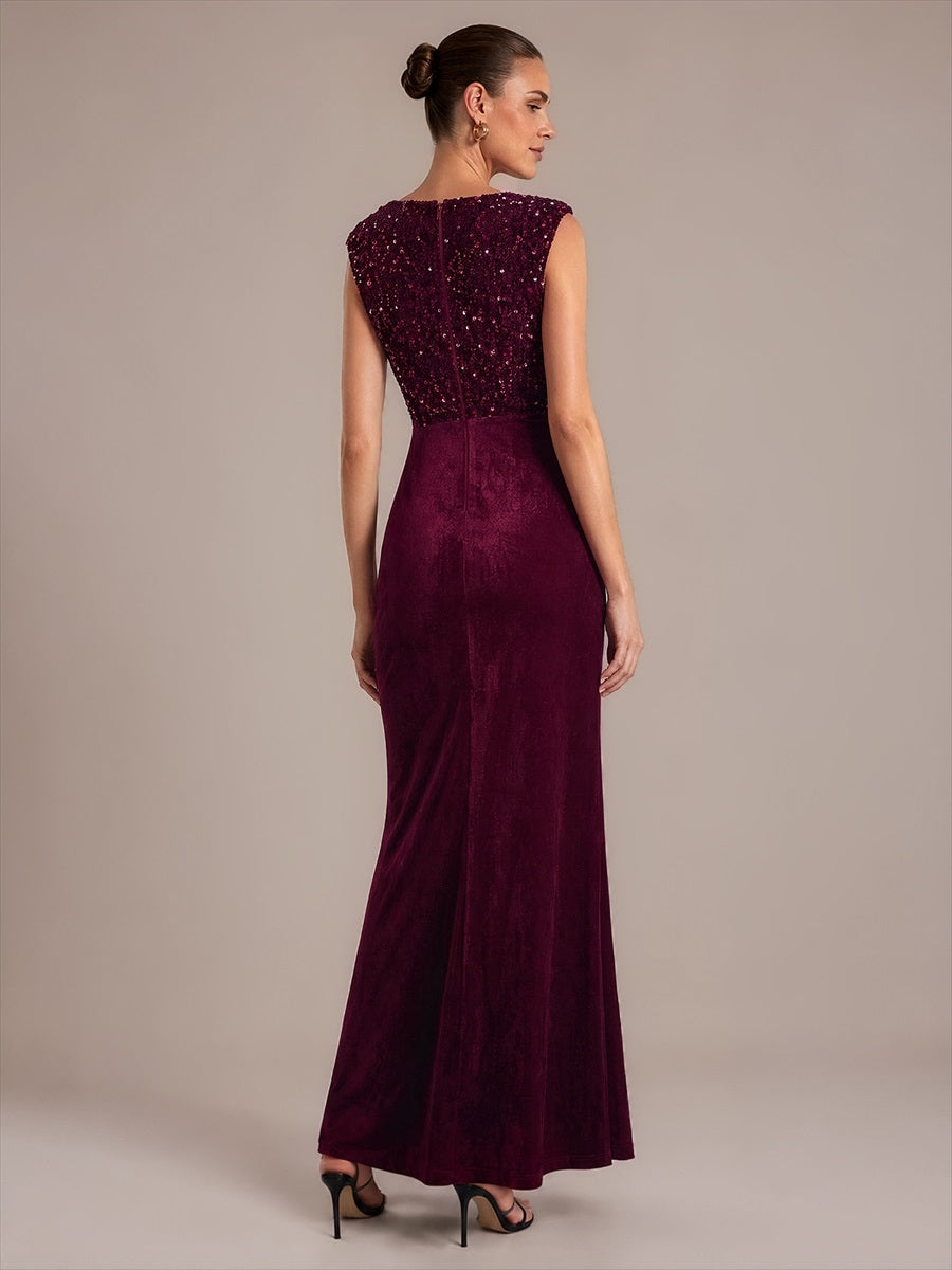 Sequin Velvet V-Neck Sleeveless Evening Dress #color_Burgundy