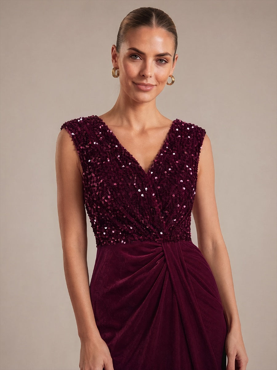 Sequin Velvet V-Neck Sleeveless Evening Dress #color_Burgundy