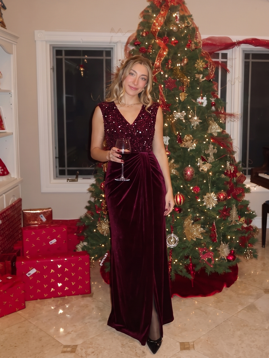 Sequin Velvet V-Neck Sleeveless Evening Dress #color_Burgundy