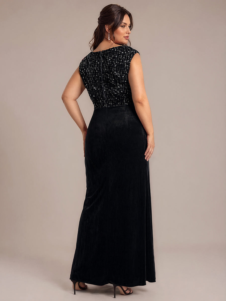 Sequin Velvet V-Neck Sleeveless Evening Dress #color_Black