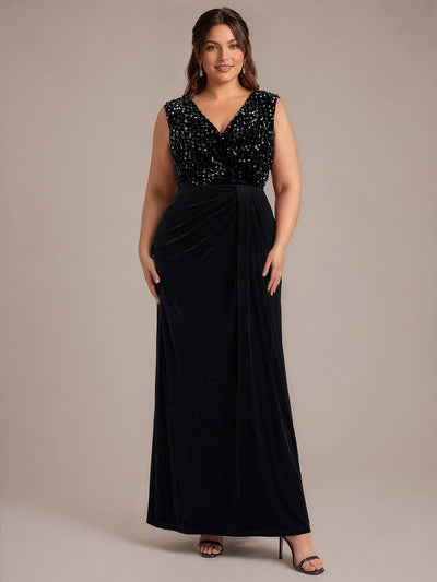 Plus Size V-Neck Sequin Velvet Evening Dress