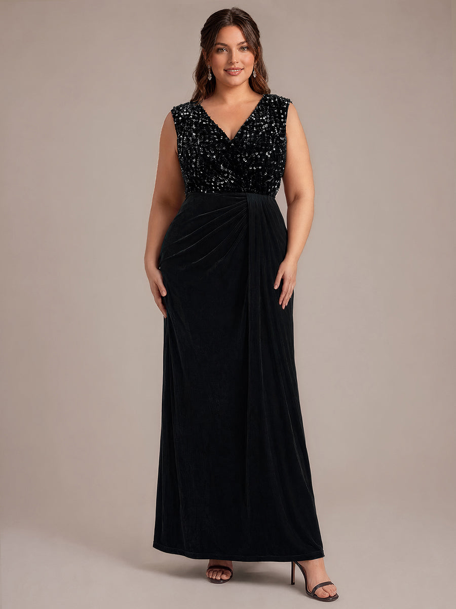 Plus Size V-Neck Sequin Velvet Evening Dress #color_Black