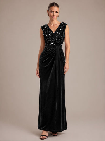 Sequin Velvet V-Neck Sleeveless Evening Dress