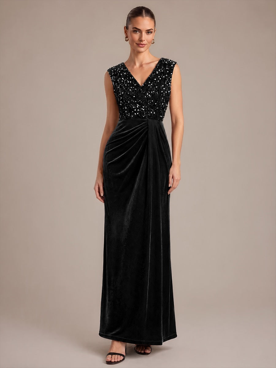 Sequin Velvet V-Neck Sleeveless Evening Dress #color_Black