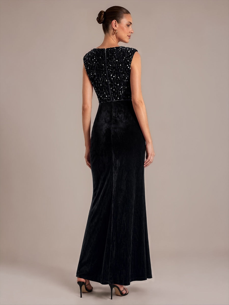 Sequin Velvet V-Neck Sleeveless Evening Dress #color_Black