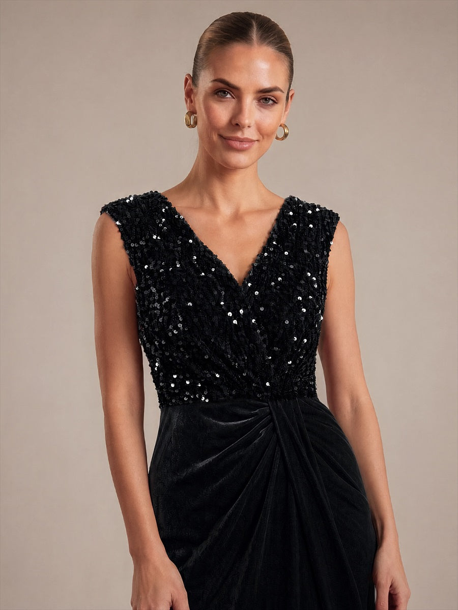 Sequin Velvet V-Neck Sleeveless Evening Dress #color_Black