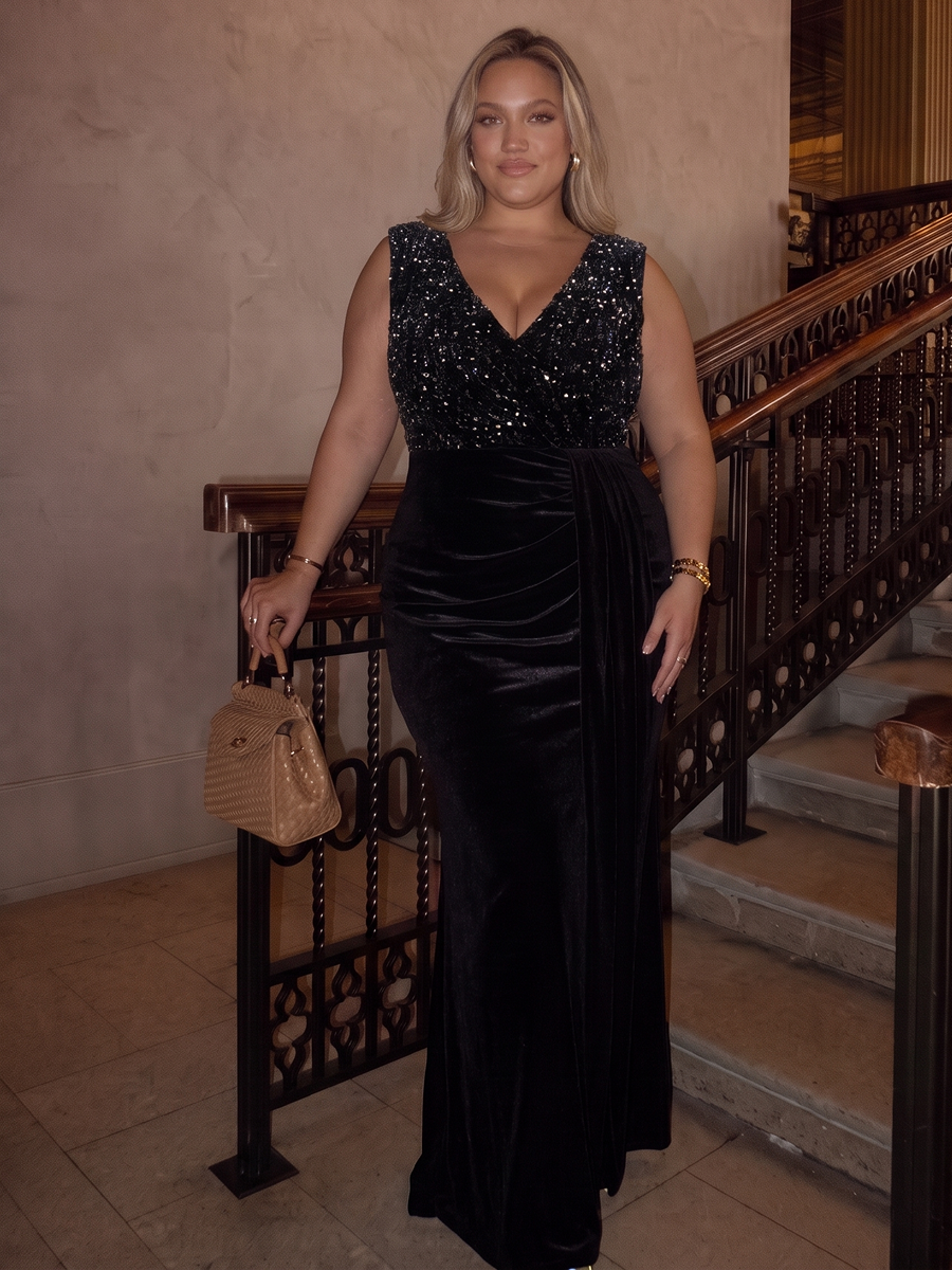 Plus Size V-Neck Sequin Velvet Evening Dress #color_Black