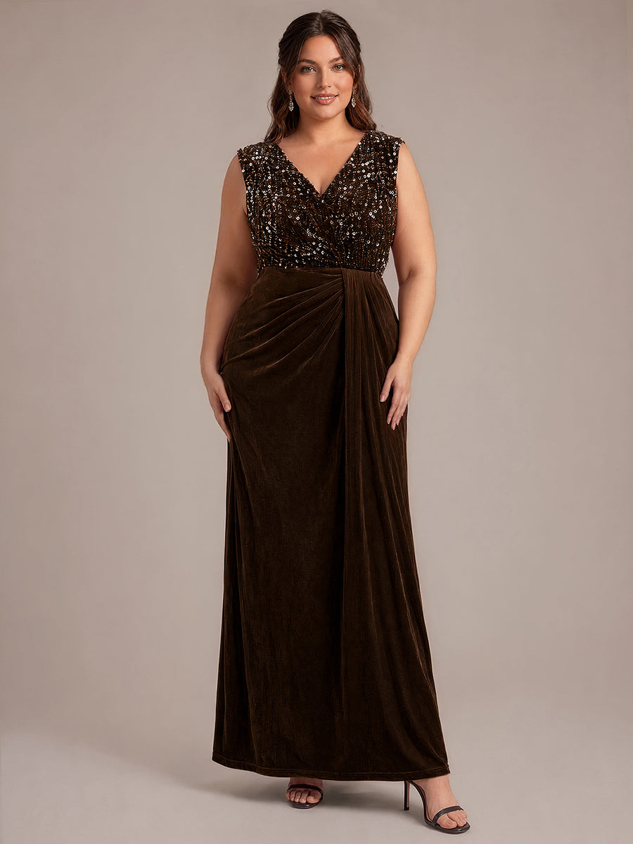 Sequin Velvet V-Neck Sleeveless Evening Dress #color_Chocolate Brown