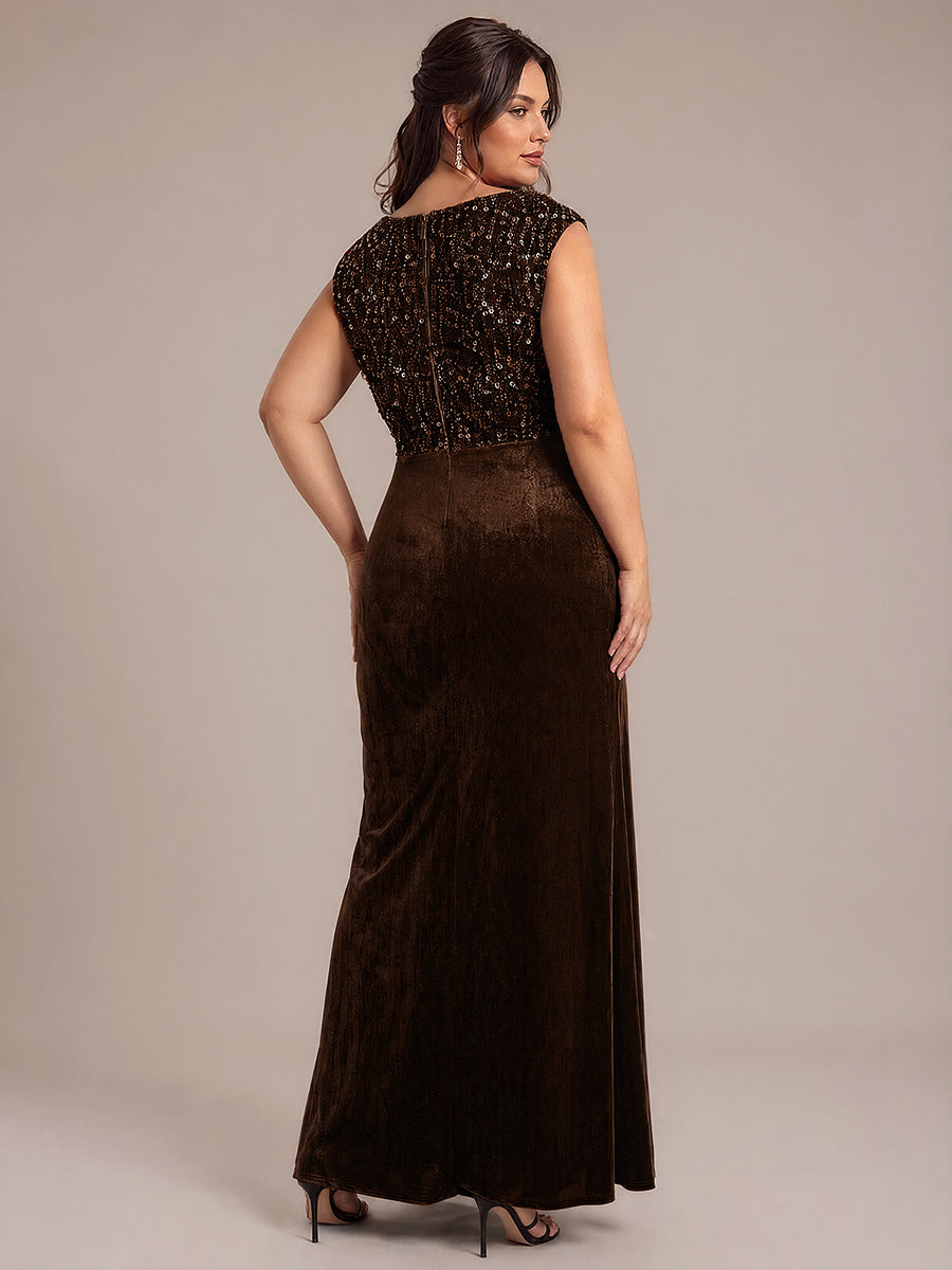 Plus Size V-Neck Sequin Velvet Evening Dress #color_Chocolate Brown