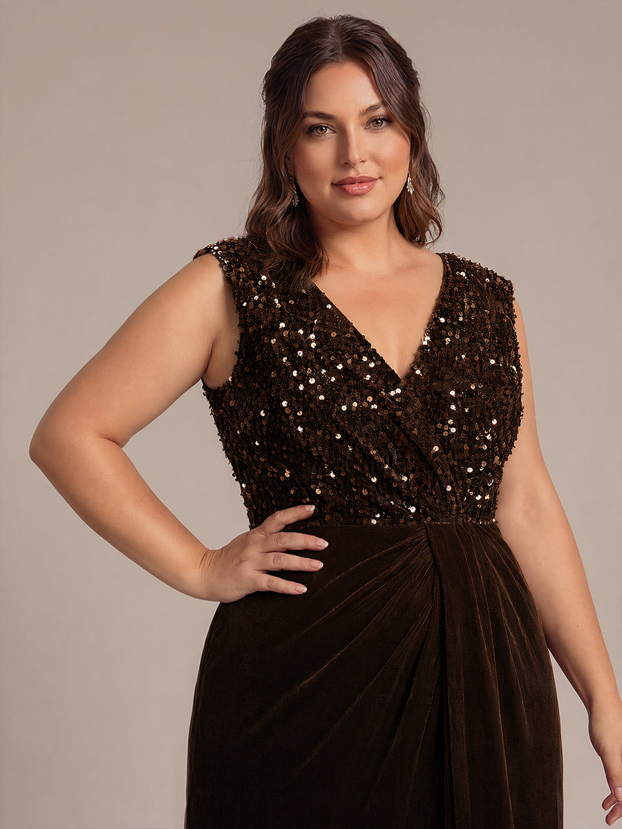Plus Size V-Neck Sequin Velvet Evening Dress #color_Chocolate Brown