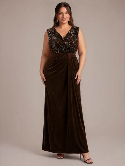 Plus Size V-Neck Sequin Velvet Evening Dress