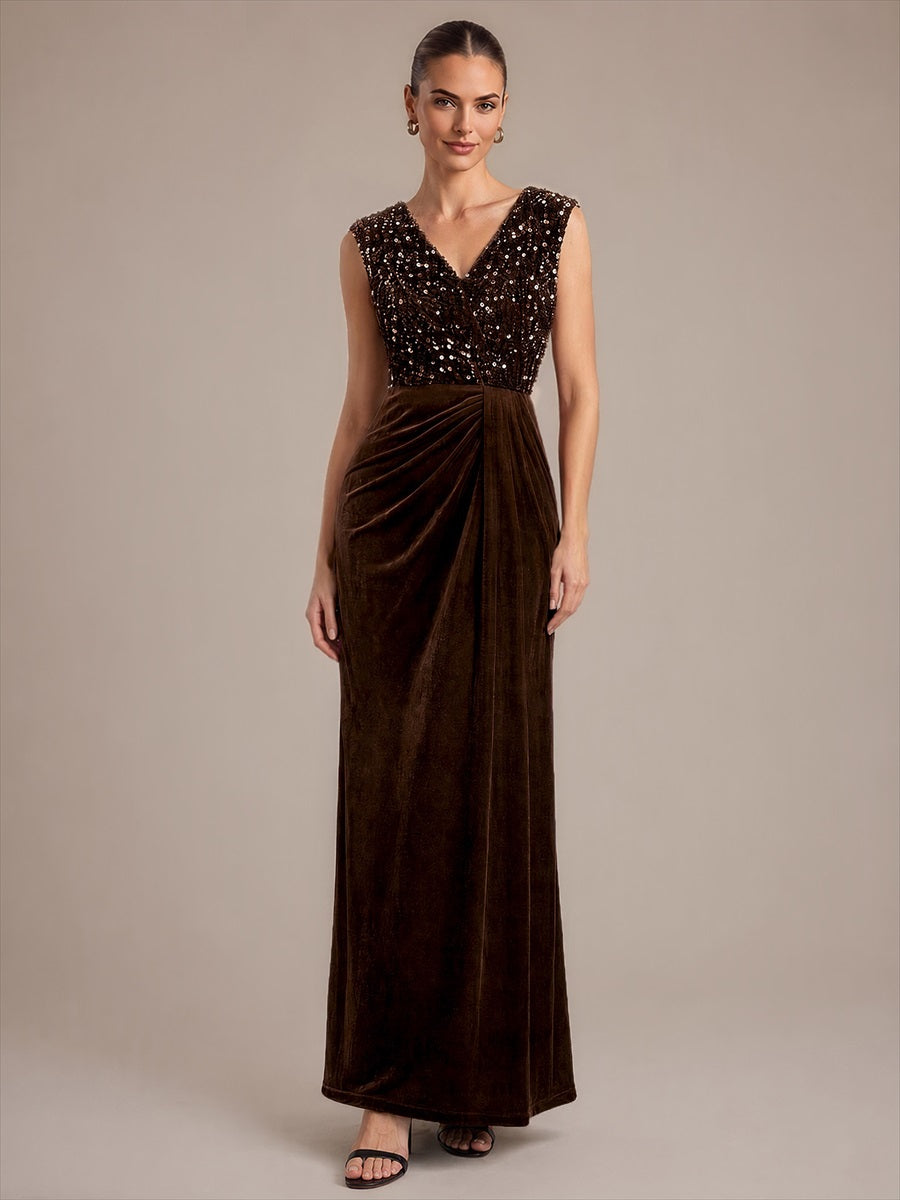 Sequin Velvet V-Neck Sleeveless Evening Dress #color_Chocolate Brown