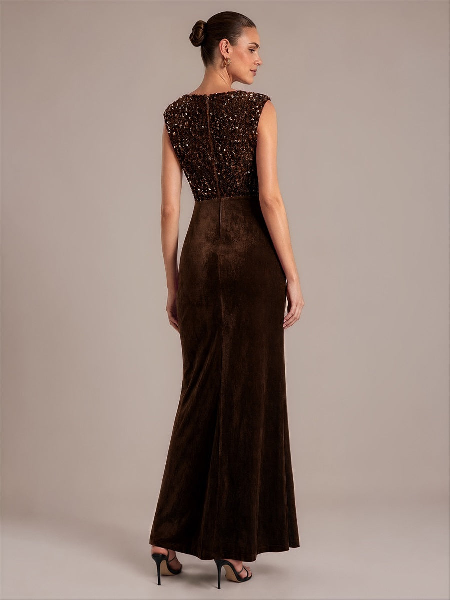 Sequin Velvet V-Neck Sleeveless Evening Dress #color_Chocolate Brown