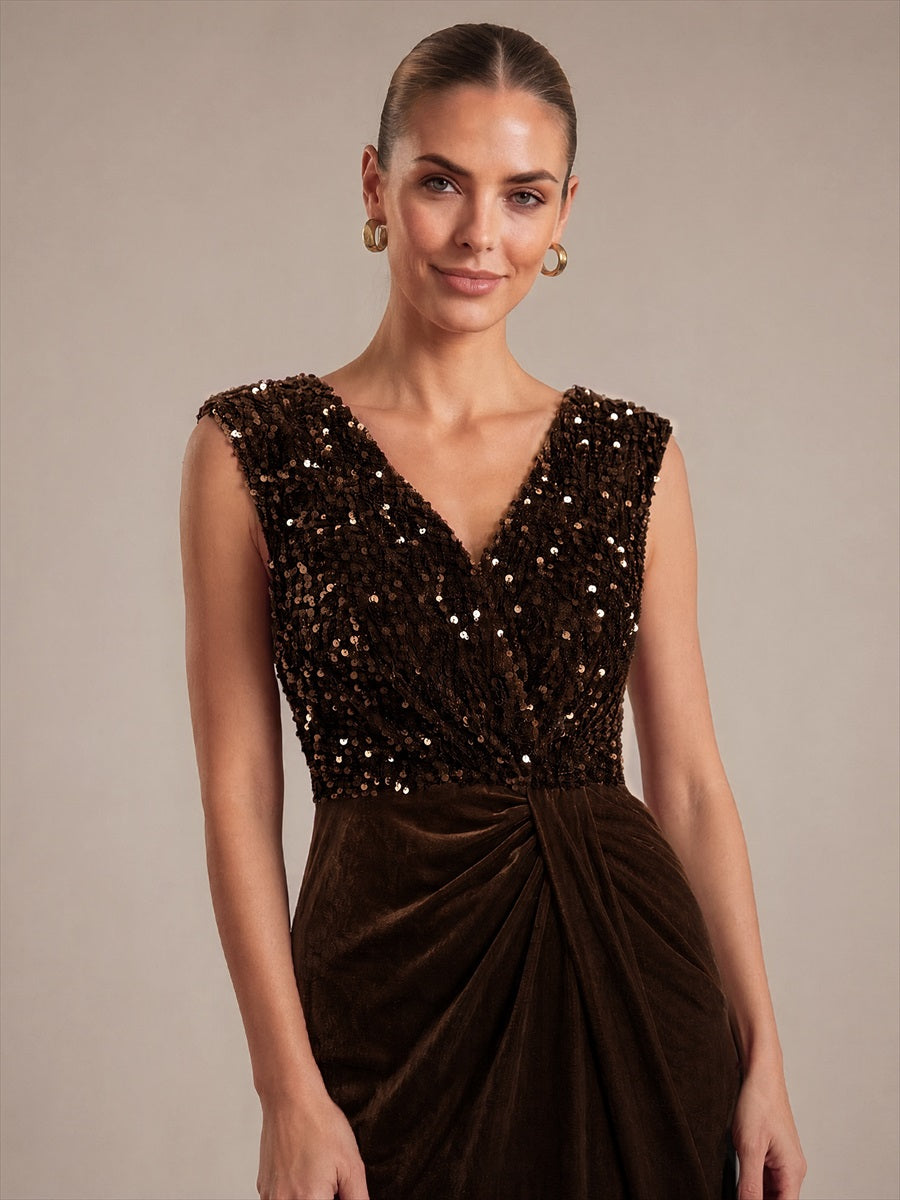 Sequin Velvet V-Neck Sleeveless Evening Dress #color_Chocolate Brown
