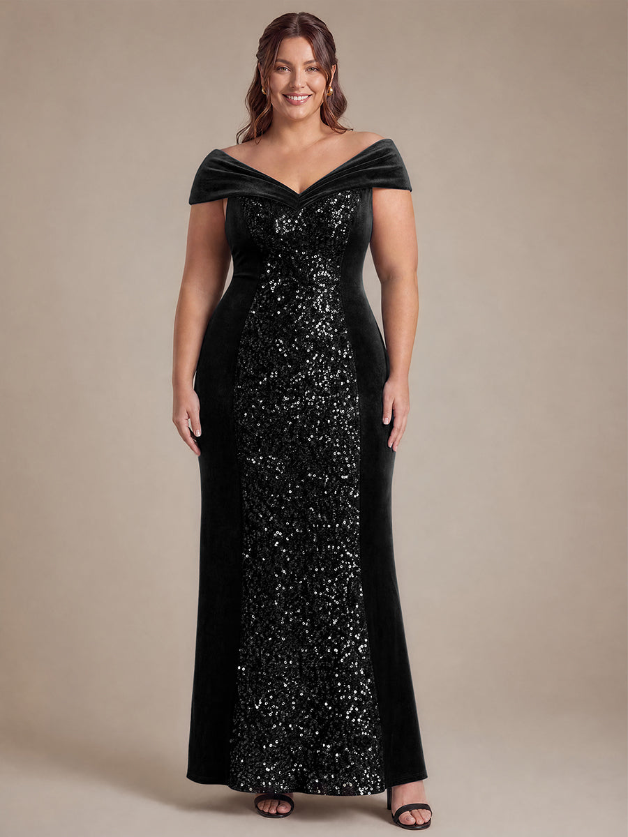 Sequin Velvet Cap Sleeve Mermaid Evening Dress #color_Black