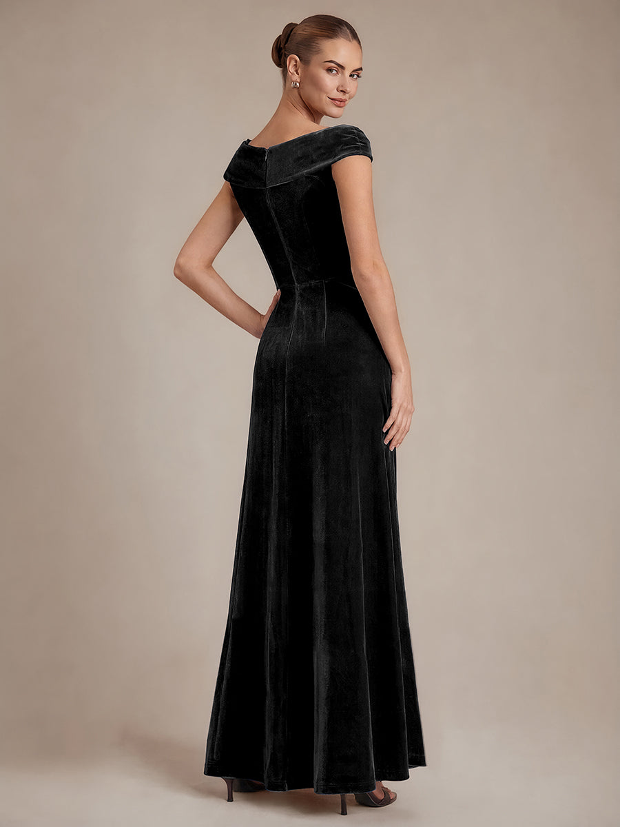 Sequin Velvet Cap Sleeve Mermaid Evening Dress #color_Black