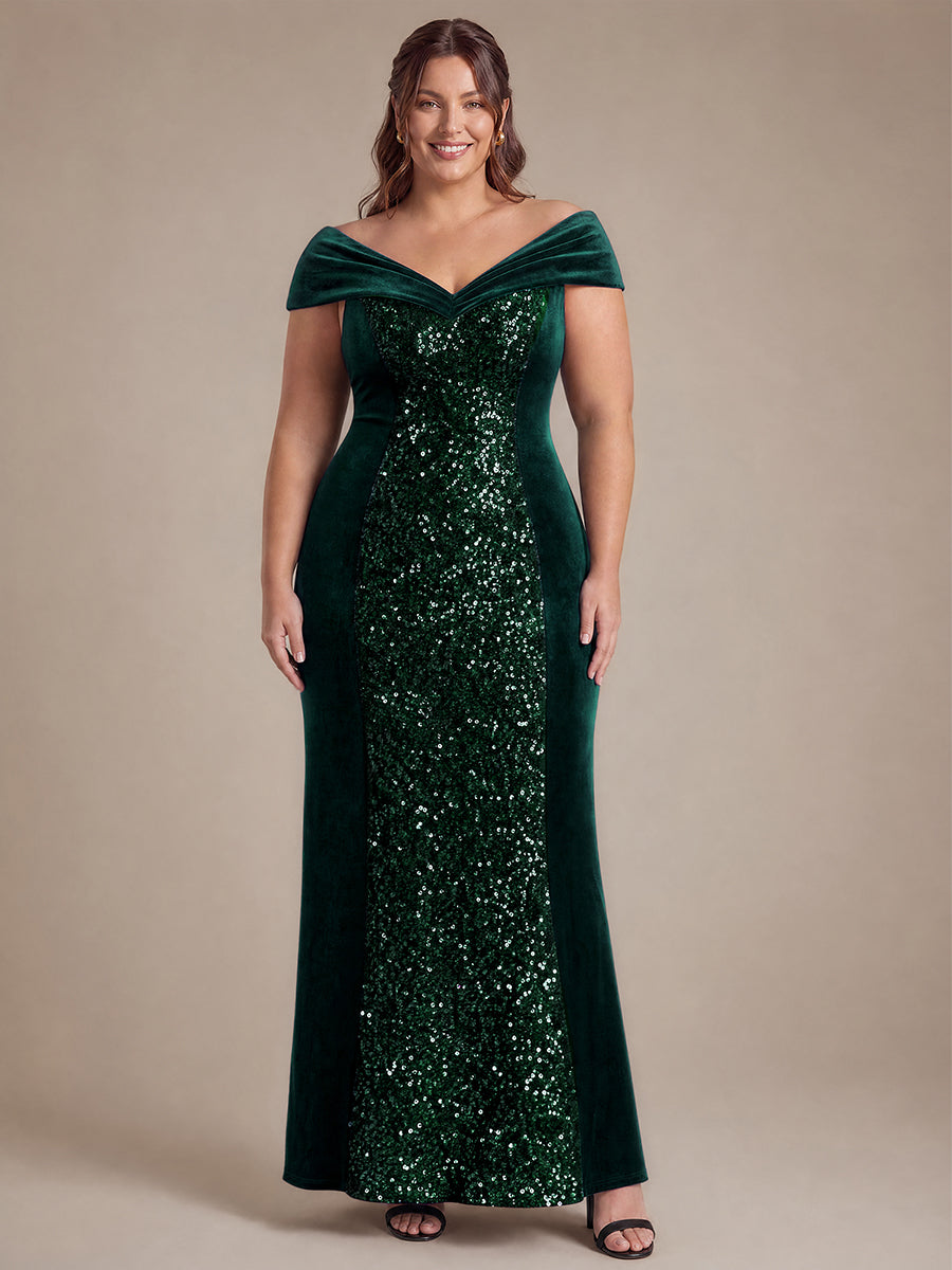 Sequin Velvet Cap Sleeve Mermaid Evening Dress #color_Dark Green