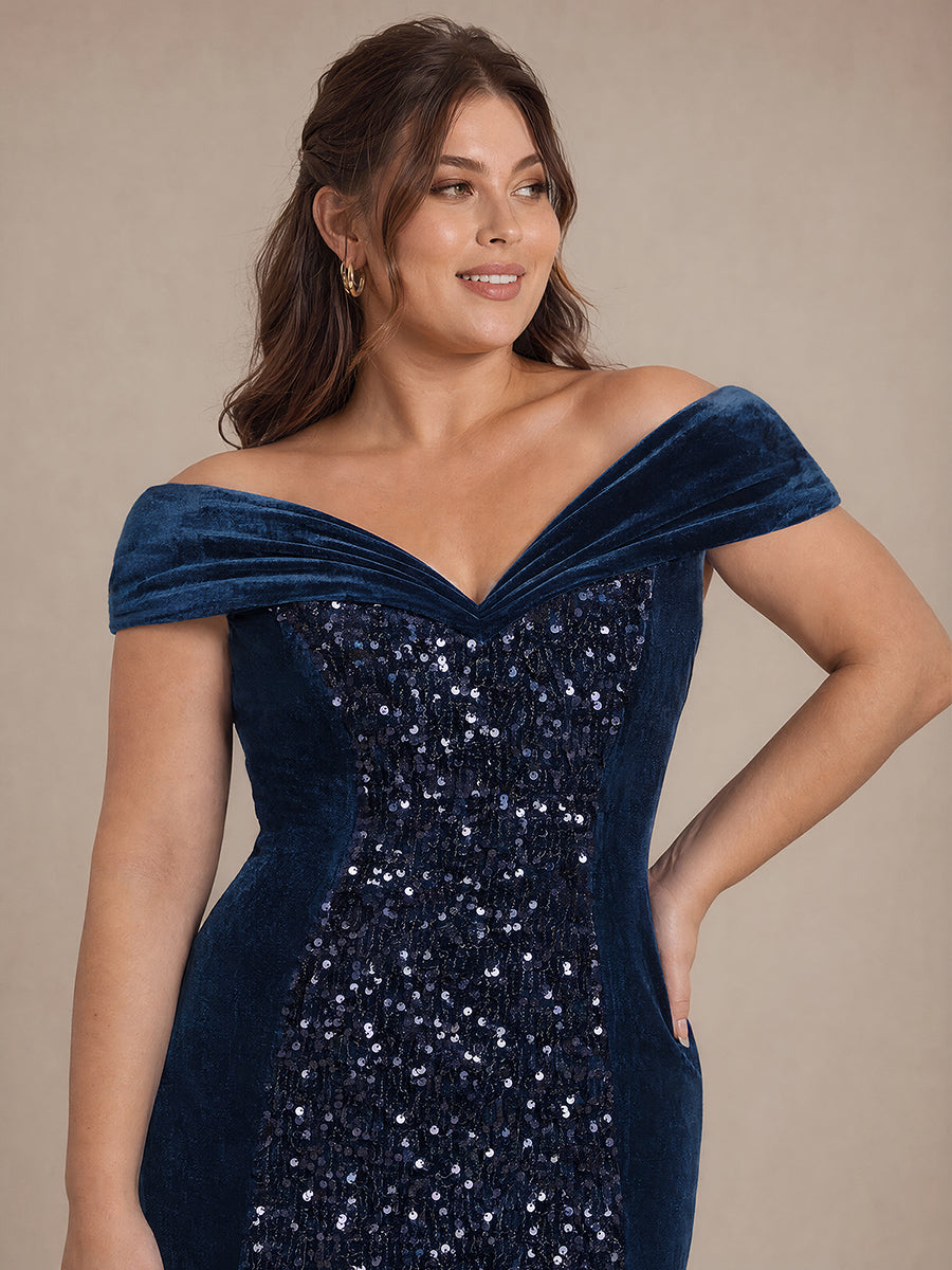 Sequin Velvet Cap Sleeve Mermaid Evening Dress #color_Navy Blue
