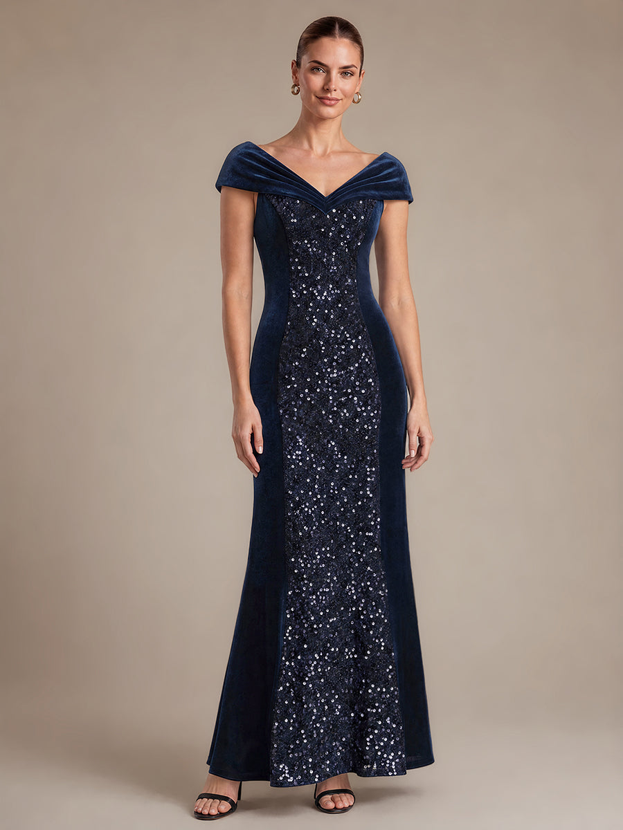 Sequin Velvet Cap Sleeve Mermaid Evening Dress #color_Navy Blue