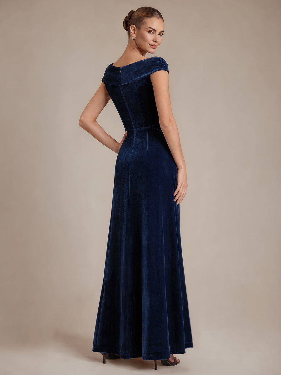 Sequin Velvet Cap Sleeve Mermaid Evening Dress #color_Navy Blue