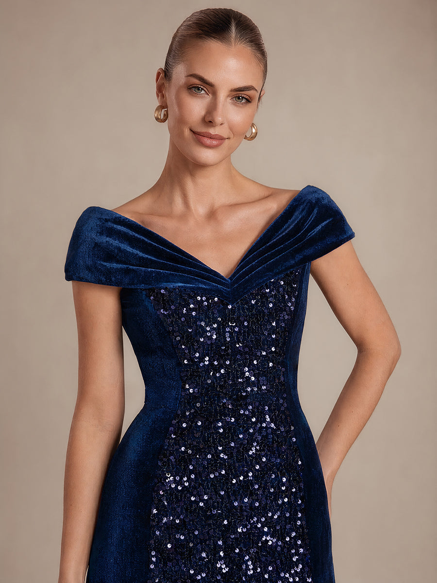 Sequin Velvet Cap Sleeve Mermaid Evening Dress #color_Navy Blue