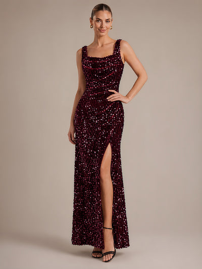 Cowl Neck Sequins Sleeveless Evening Dress