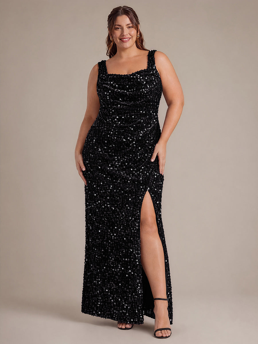 Cowl Neck Sequins Sleeveless Evening Dress #color_Black