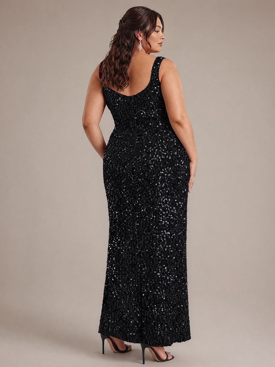 Cowl Neck Sequins Sleeveless Evening Dress #color_Black