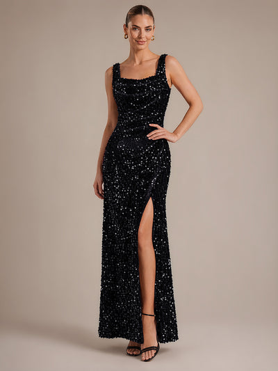 Cowl Neck Sequins Sleeveless Evening Dress