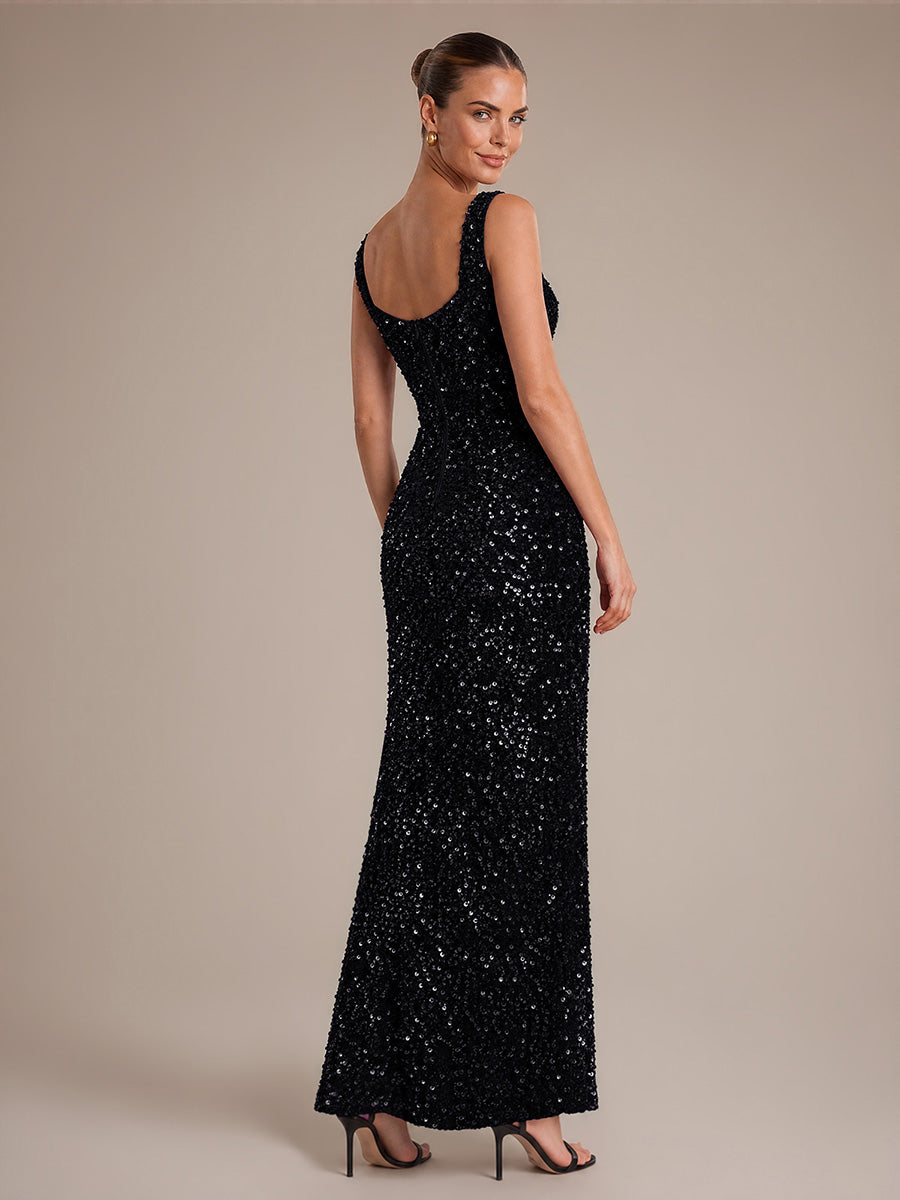 Cowl Neck Sequins Sleeveless Evening Dress #color_Black