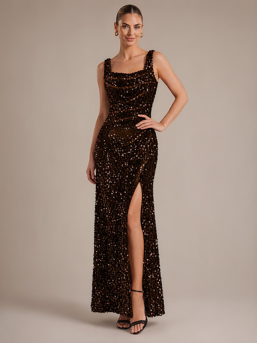 Cowl Neck Sequins Sleeveless Evening Dress #color_Chocolate Brown