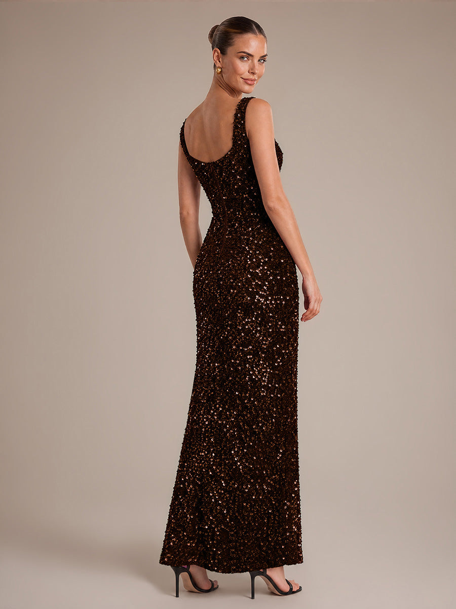 Cowl Neck Sequins Sleeveless Evening Dress #color_Chocolate Brown