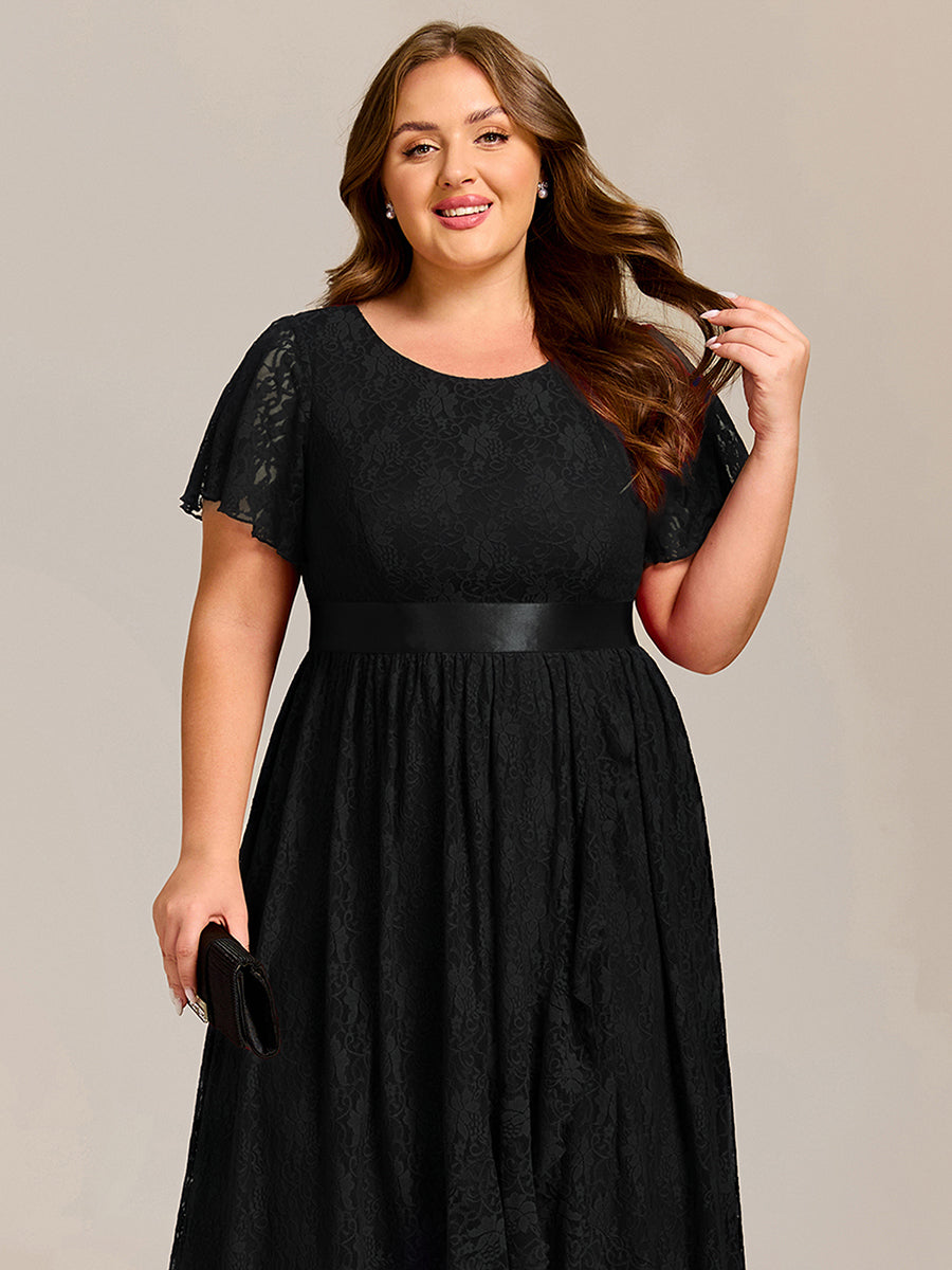 Plus Size Ruffled Sleeve Empire Waist Lace Wedding Guest Dress #color_Black