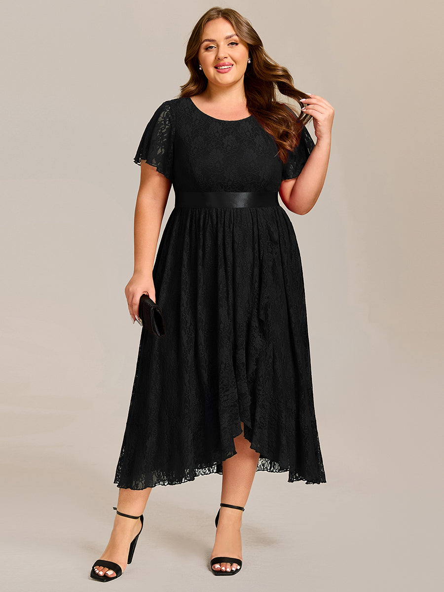 Ruffled Sleeve Empire Waist Lace Wedding Guest Dress #color_Black
