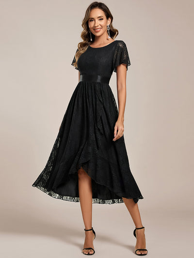 Short Sleeve Ruffled Empire Waist Lace Midi Formal Dress #color_Black