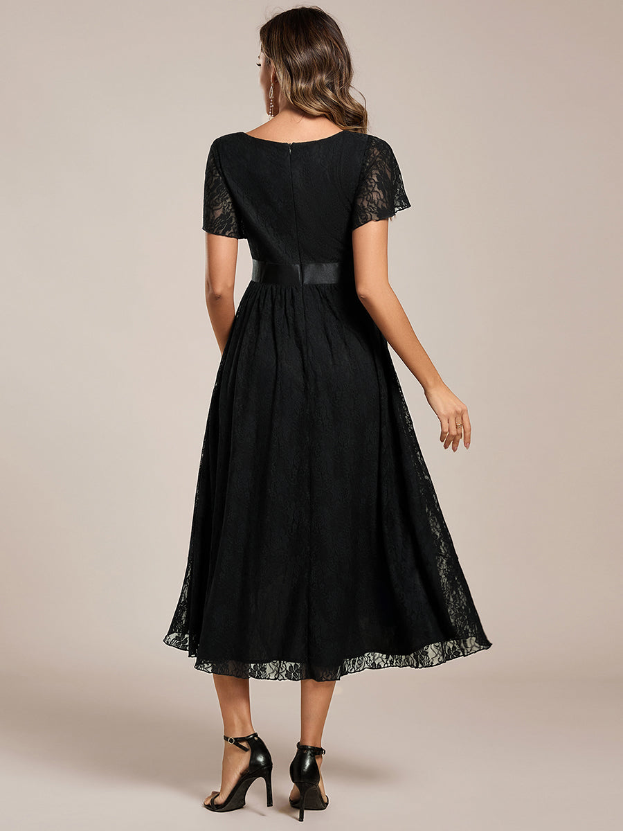 Short Sleeve Ruffled Empire Waist Lace Midi Formal Dress #color_Black