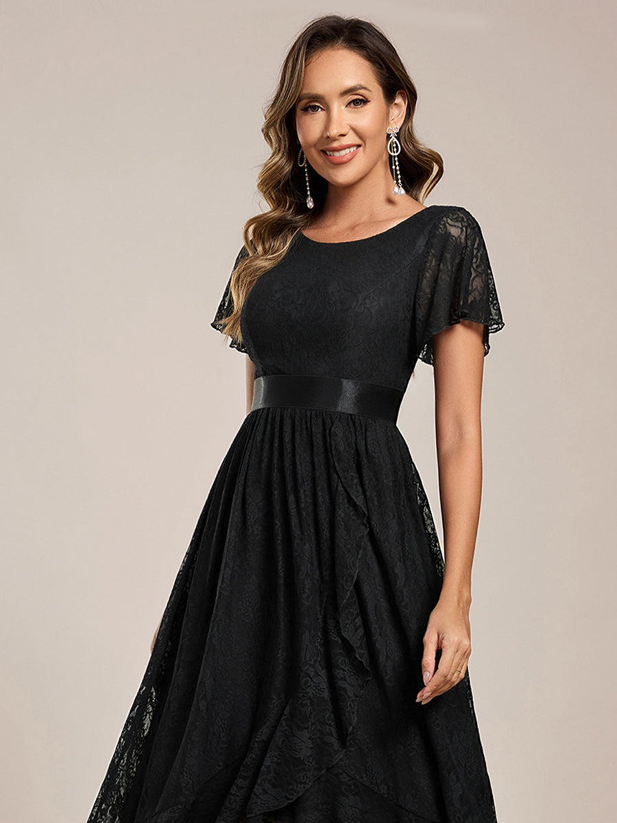 Short Sleeve Ruffled Empire Waist Lace Midi Formal Dress #color_Black