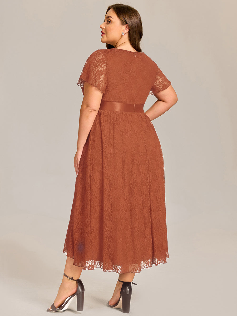Short Sleeve Ruffled Empire Waist Lace Midi Formal Dress #color_Burnt Orange