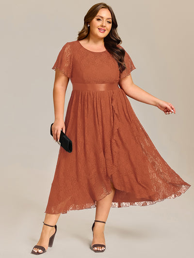 Plus Size Lace Short Sleeve Round Neckline Midi Formal Dress #color_Burnt Orange