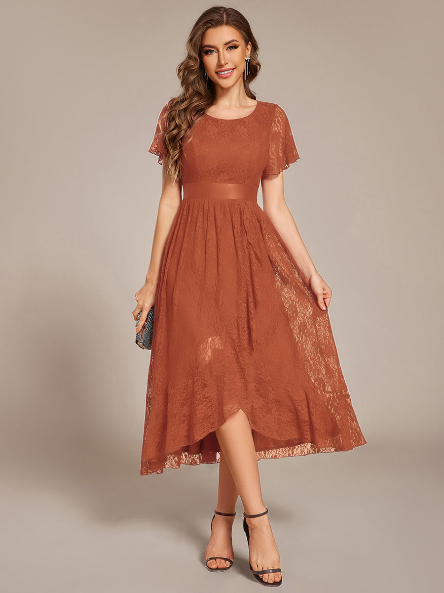 Short Sleeve Ruffled Empire Waist Lace Midi Formal Dress #color_Burnt Orange