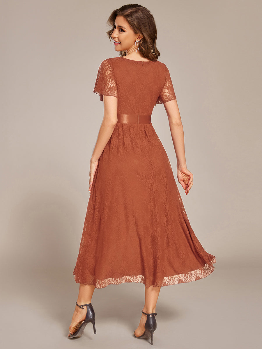 Short Sleeve Ruffled Empire Waist Lace Midi Formal Dress #color_Burnt Orange