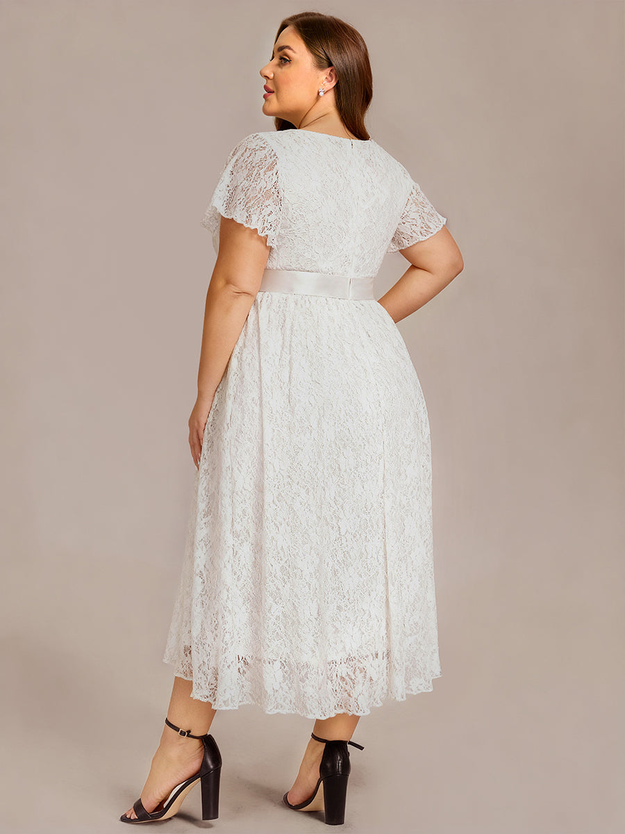 Plus Size Ruffled Sleeve Empire Waist Lace Wedding Guest Dress #color_White