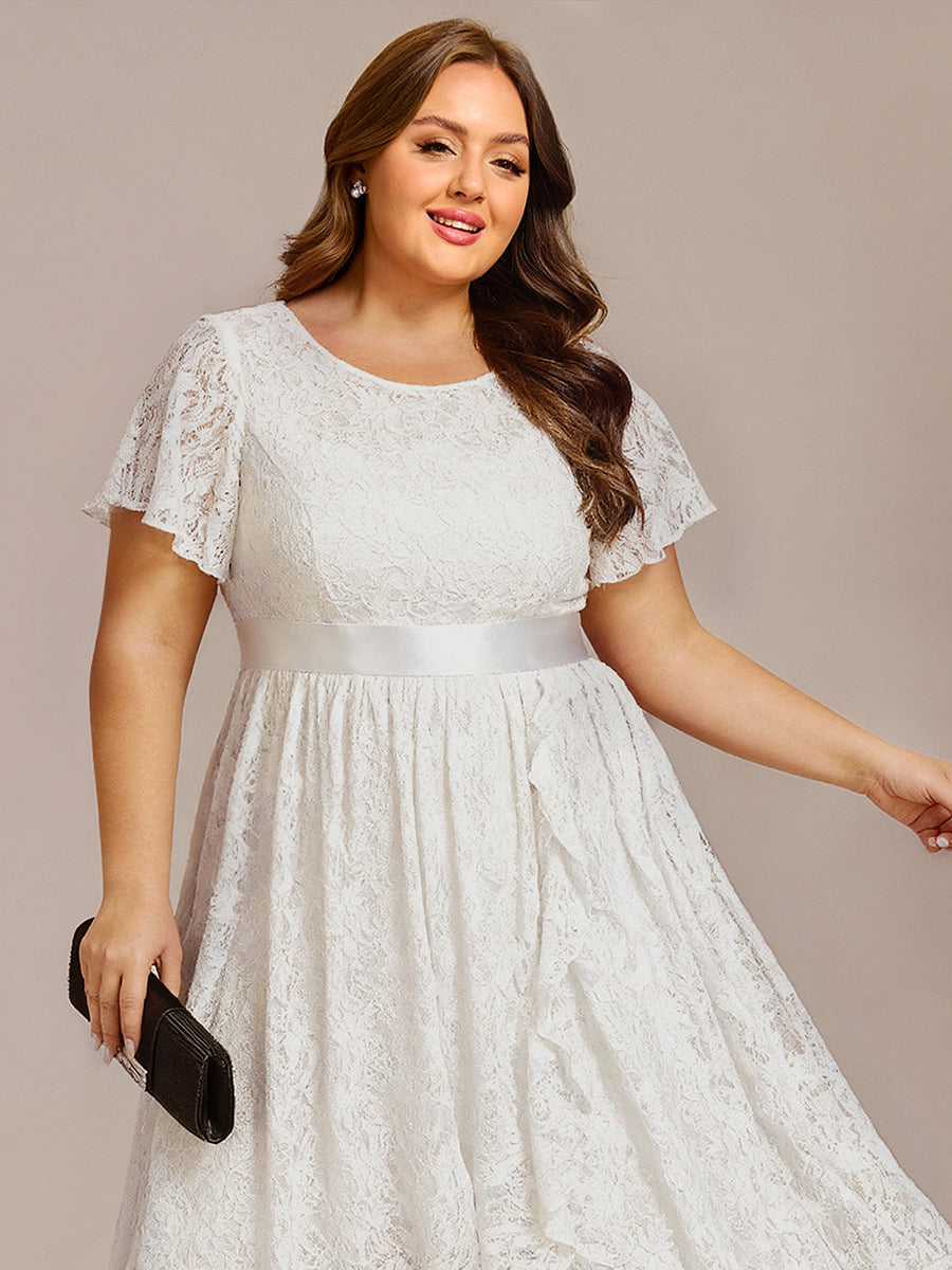 Ruffled Sleeve Empire Waist Lace Wedding Guest Dress #color_White