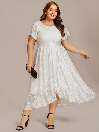 Plus Size Lace Short Sleeve Round Neckline Midi Formal Dress #color_White