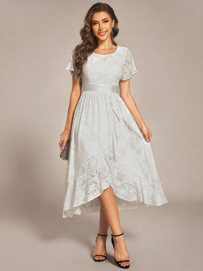 Short Sleeve Ruffled Empire Waist Lace Midi Formal Dress #color_White