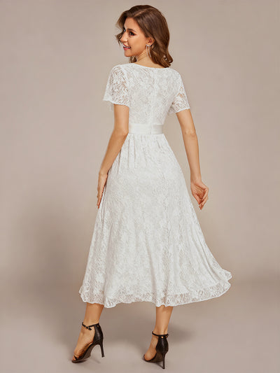 Short Sleeve Ruffled Empire Waist Lace Midi Formal Dress #color_White